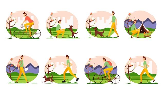 Young man doing different outdoor activities in spring. Vector illustration.