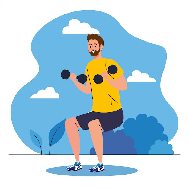 Young man doing exercises with dumbbells outdoor, sport recreation concept