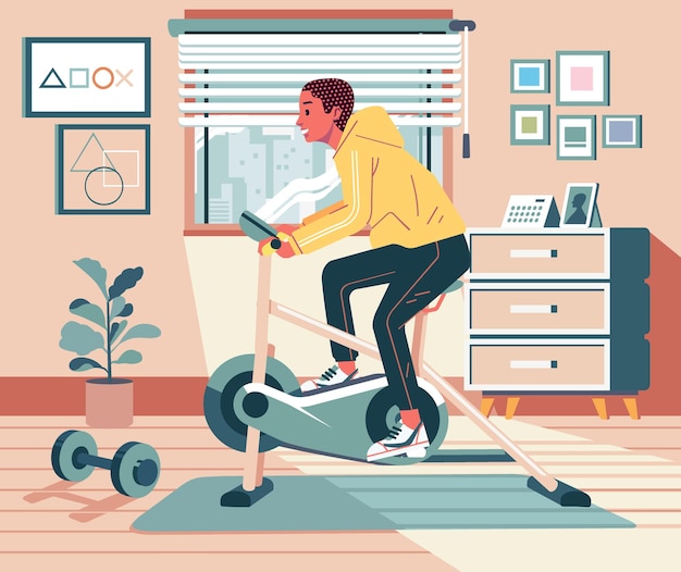 Young man doing routine exercise at home using static bike with apartment design interior