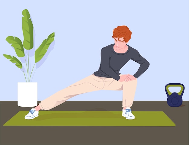 young man doing side lunges on green yoga mat at home flat graphic style indoor room with plant and