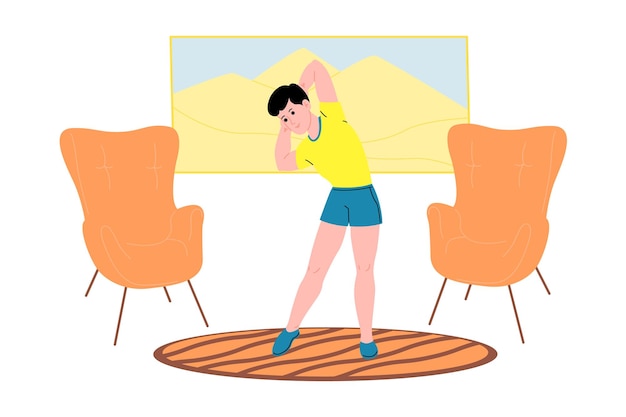 Young man doing sports physical exercises, home workouts and\
fitness at home during quarantine and lead healthy lifestyle. flat\
vector illustration. people, men and women using the house as a\
gym.