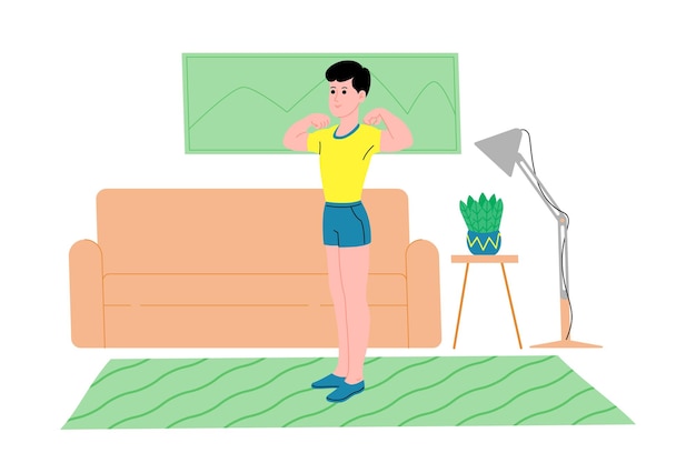 Young man doing sports physical exercises, home workouts and fitness at home during quarantine and lead healthy lifestyle. Flat vector illustration. People, men and women using the house as a gym.