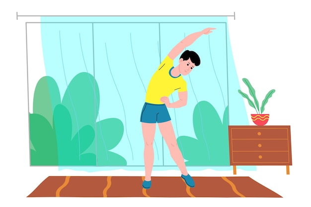 Young man doing sports physical exercises, home workouts and fitness at home during quarantine and lead healthy lifestyle. Flat vector illustration. People, men and women using the house as a gym.