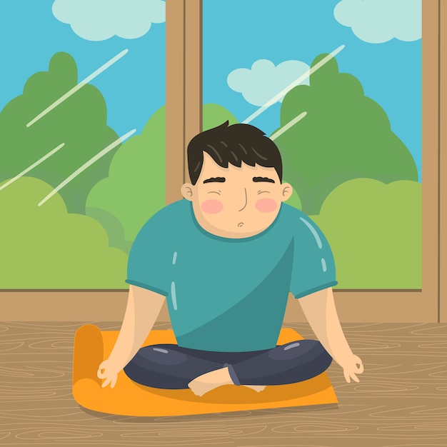 Vector young man doing yoga in lotus position, peaceful man meditating on the background of window with summer view  illustration, cartoon style
