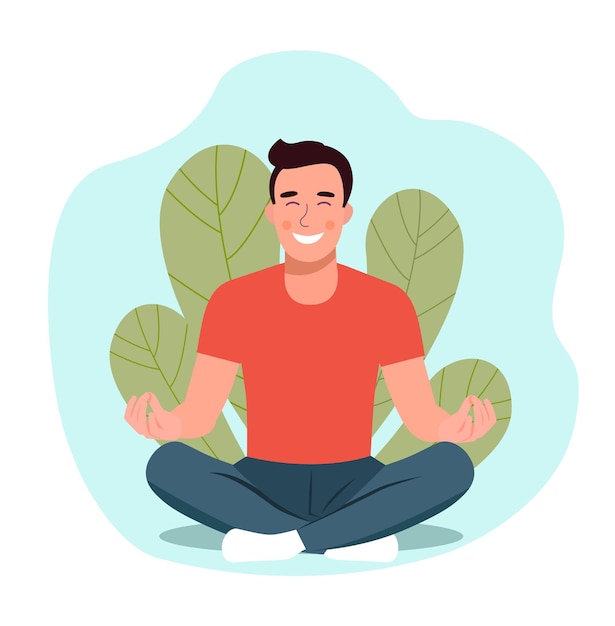 Vector young man doing yoga. man relaxing in the lotus position.
