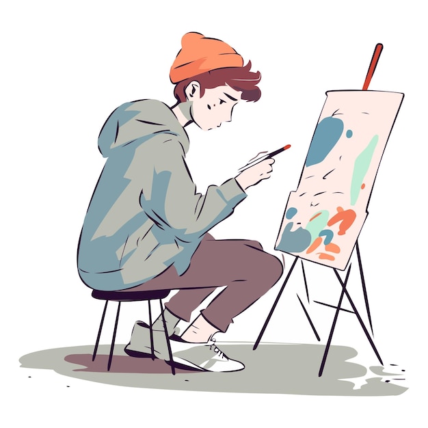 A young man draws a picture on an easel