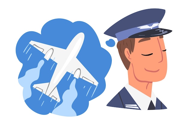 飛行機の飛行を夢見る若い男 人間の思考とニーズ カートゥーンスタイルのベクトル