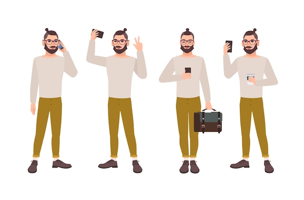 Vector young man dressed in stylish clothes with smartphone in different positions