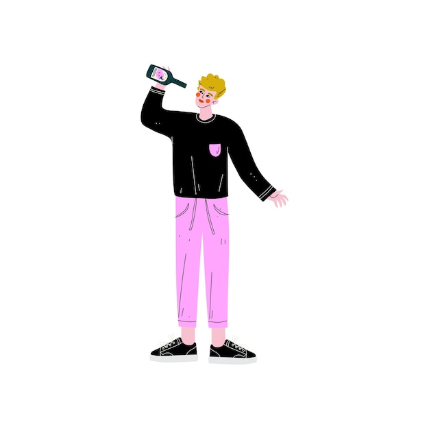 Young man drinking beer drunk guy in casual clothes with bottle of alcohol drink vector illustration