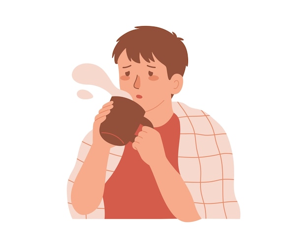Young Man Drinking Coffee Male Character Having Hot Drink Cartoon Style Vector Illustration