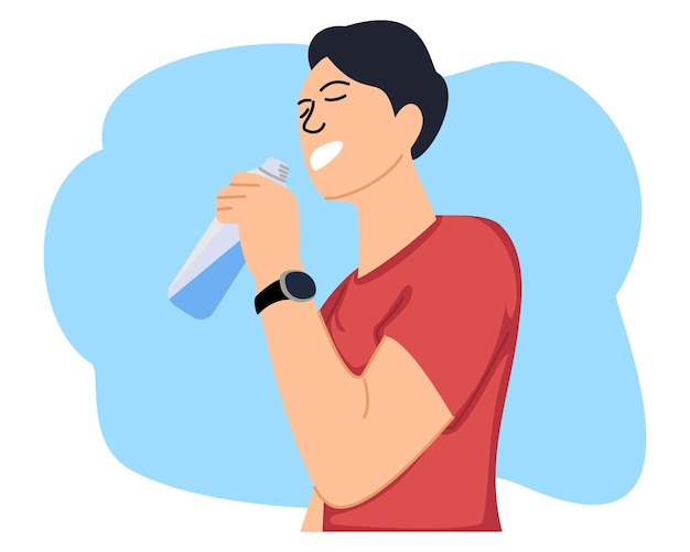 Vector young man drinking water using a bottle