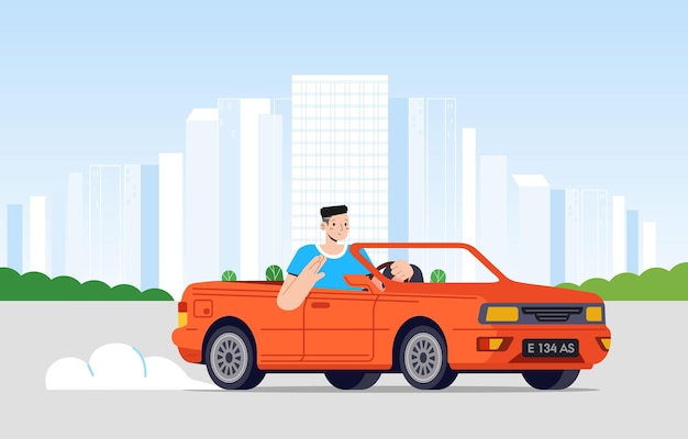 Vector young man driving cabriolet car on road across suburb along cityscape buildings