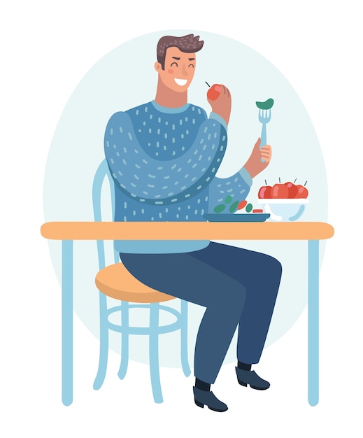 Vector young man eating a healthy salad