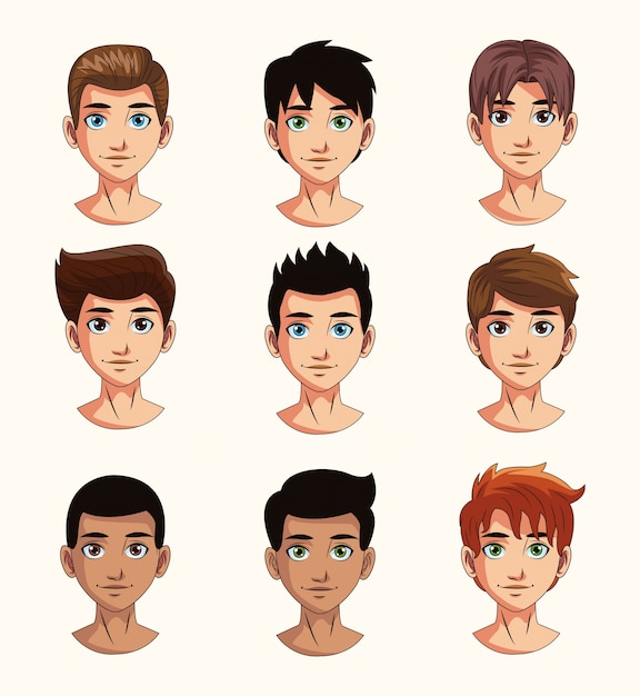 Young man faces cartoons