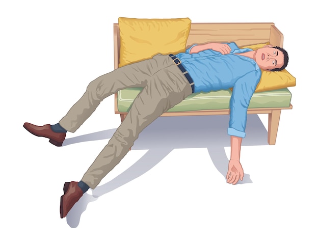 Вектор Молодой человек теряет сознание на диване или диване в офисе на рабочем месте реалистичная векторная иллюстрация