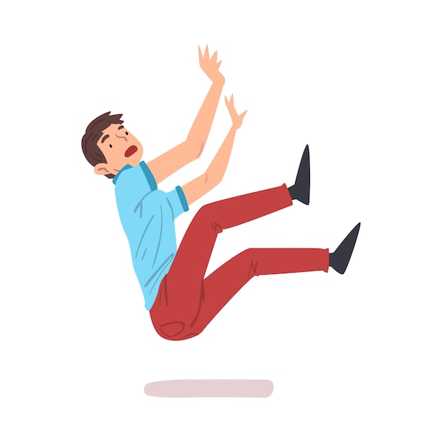 Vector young man falling down male person with frightened expression on her face falling back cartoon style