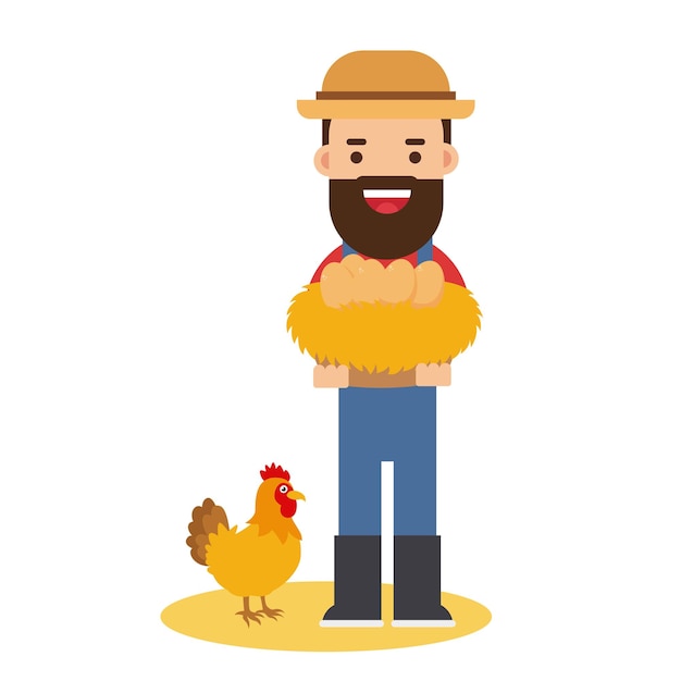 Young man farmer with chicken and egg