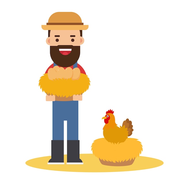 Vector young man farmer with chicken and egg