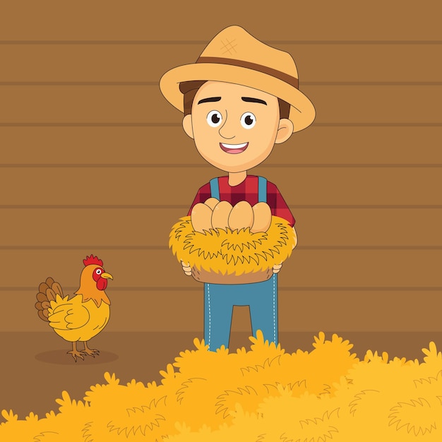 Vector young man farmer with chicken and egg