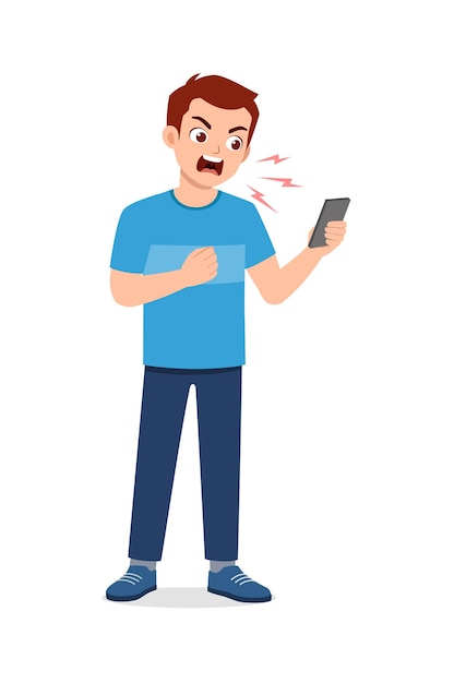 Vector young man feel angry and scream to phone