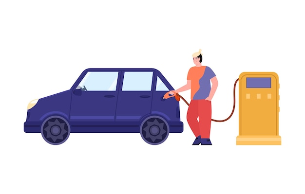 Young man filling up fuel of car at petrol station a vector illustration