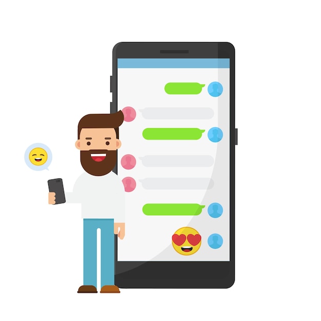 Giovane che trova emoji felice con lo smartphone