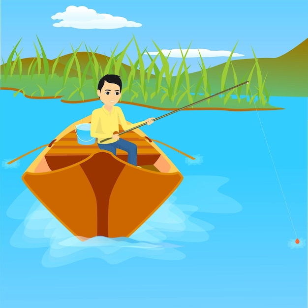 young man fishing in a rowboat