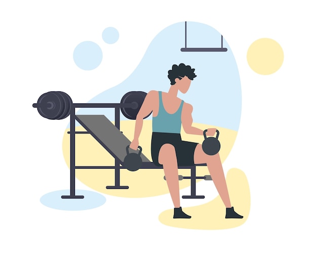 Young man flexes his arm muscles Male character lifts kettlebell in gym Work on body sculpture Man sits on bench press Color illustration in flat style