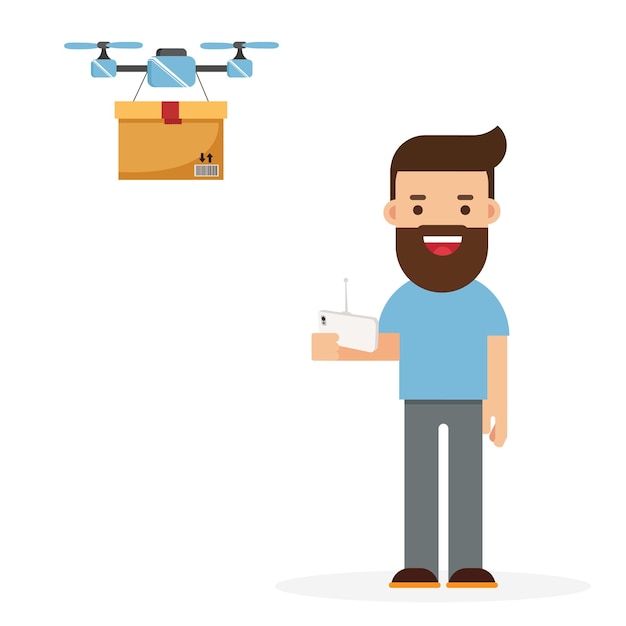 Young man flying drone vector illustration