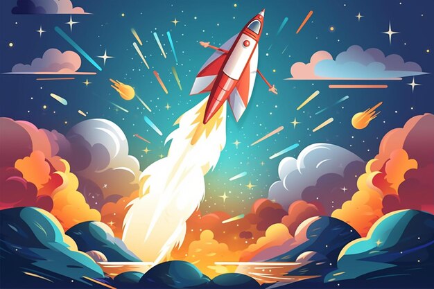 Vector young man flying a rocket with universe concept