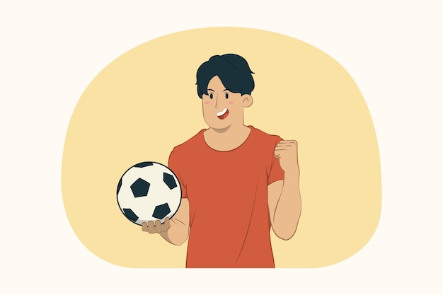 Young man football fan hold soccer ball doing winner gesture