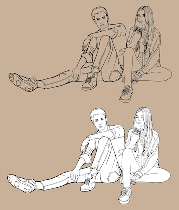 How to draw a girl and boy sitting together