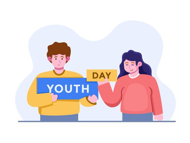 A Young man and girl celebrate international youth day with holding text banner