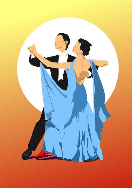 Vector the young man and the girl dancing waltz 3d color vector hand drawn illustration