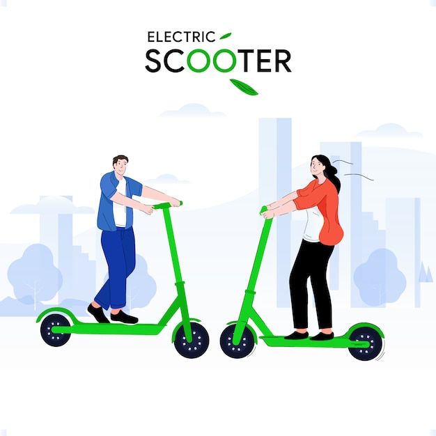 Vettore il giovane e la ragazza cavalcano scooter elettrici con la felicità sul suo viso che attraversa il parco cittadino. disegno dell'illustrazione