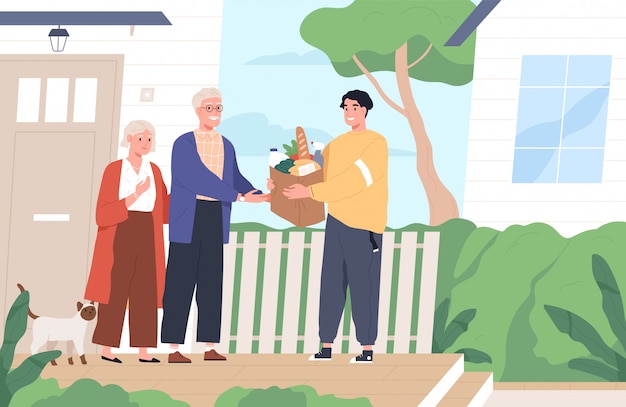 Young man giving a bag of products to elderly couple. Shopping help and delivery service. Volunteer support seniors during coronavirus outbreak. illustration in flat cartoon style