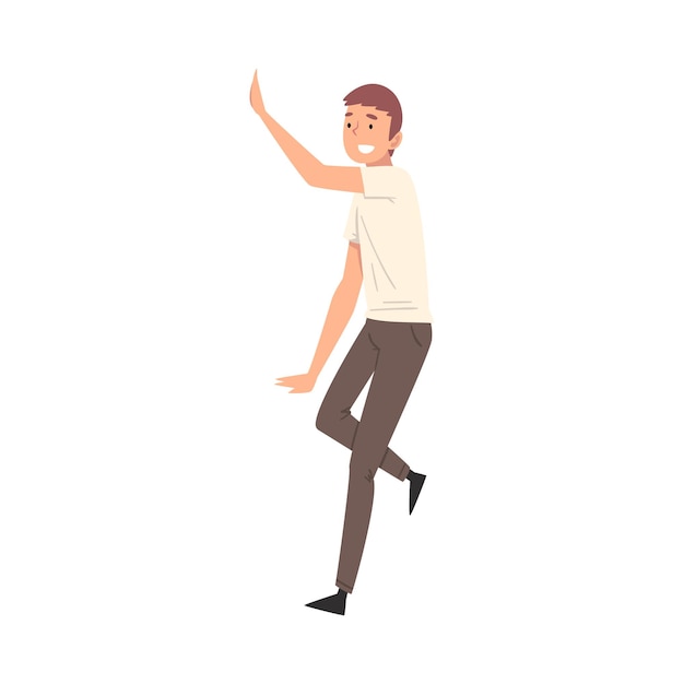 Young Man Giving High Five Happy Smiling Guy Greeting Partner or Friend Vector Illustration