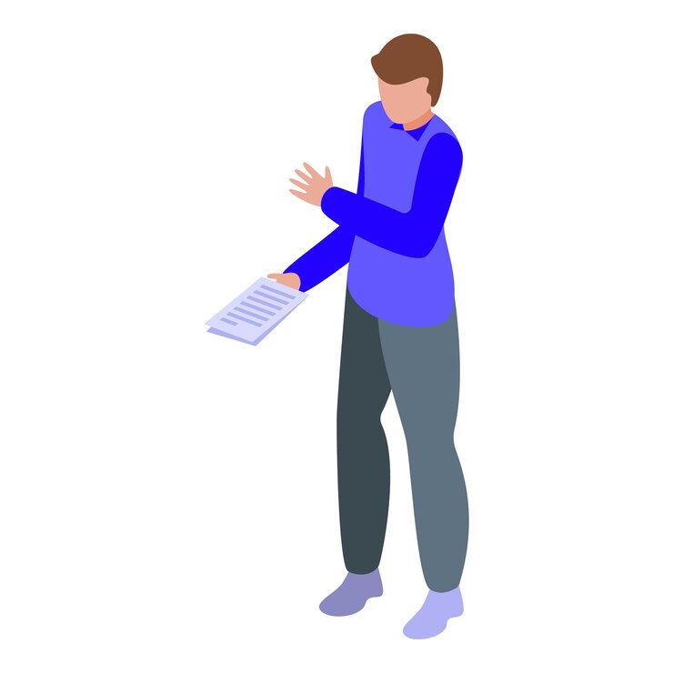 Vector young man giving speech holding paper isometric icon
