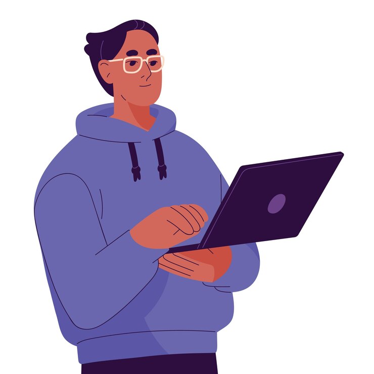 Vector young man in glasses holds laptop professional programmer writing code freelancer typing communicate in online chat employee work at computer flat isolated vector illustration on white background