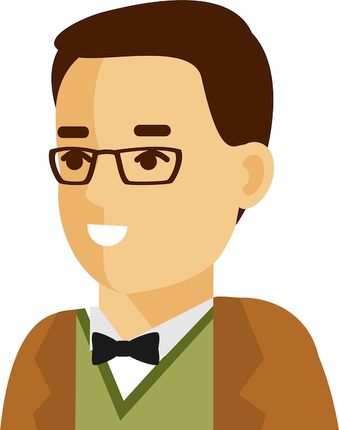 Young Man in Glasses Jacket and Bow Tie Avatar Face Icon in Flat Style