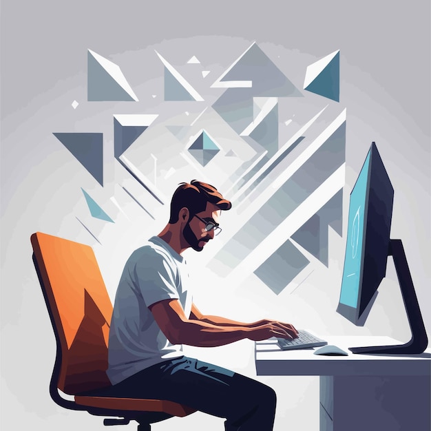 Young man in glasses sitting on the desk in front of the laptop vector illustrationyoung man in gl