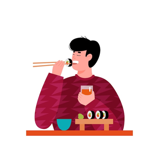 Young man or guy cartoon character enjoying sushi