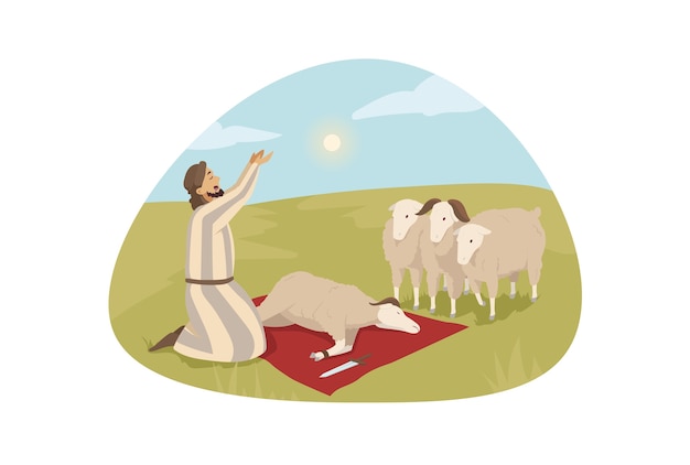 Vector young man guy shepherd cartoon character praying to god ready for killing ship lamb as sacrifice for lord.