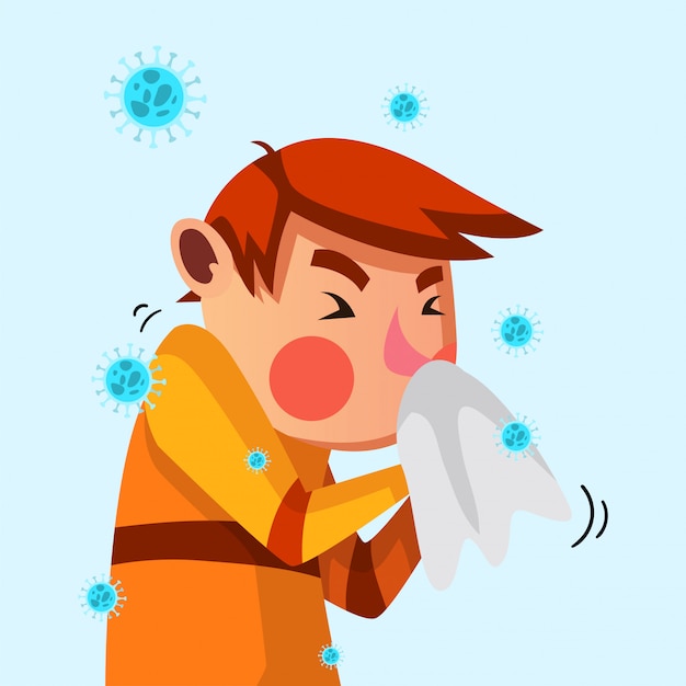 Young man have flu and sneeze on his tissue illustration