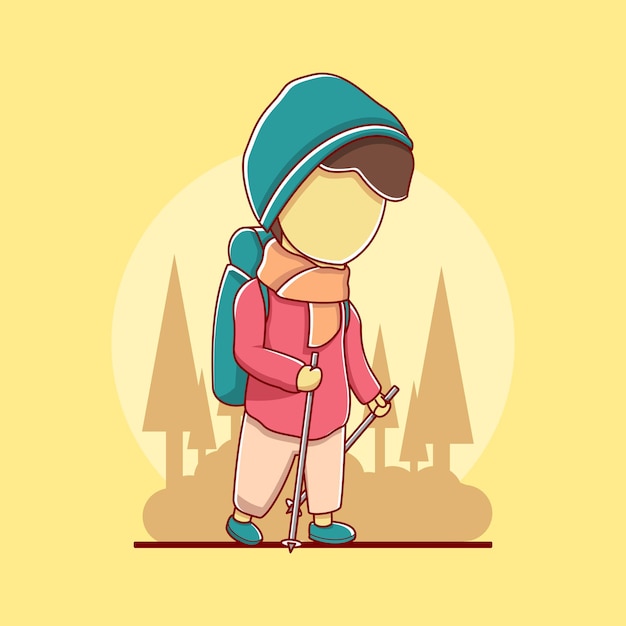 Young Man Hiking Character in Flat Design Illustration