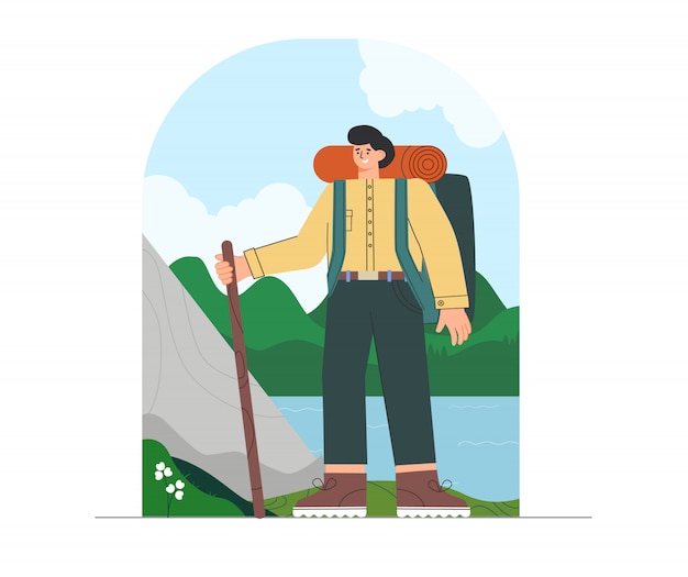 Vector young man in hiking clothes and backpack, standing on nature background