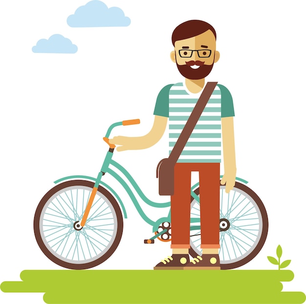 Vector young man hipster with beard in casual clothes standing in front of city bike flat style
