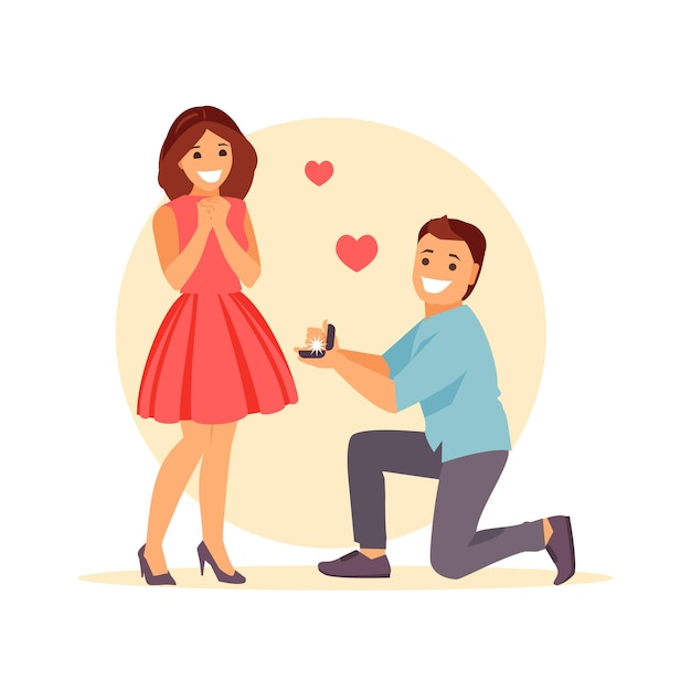 Vector young man on his knees making a marriage proposal to his girlfriend. vector illustration