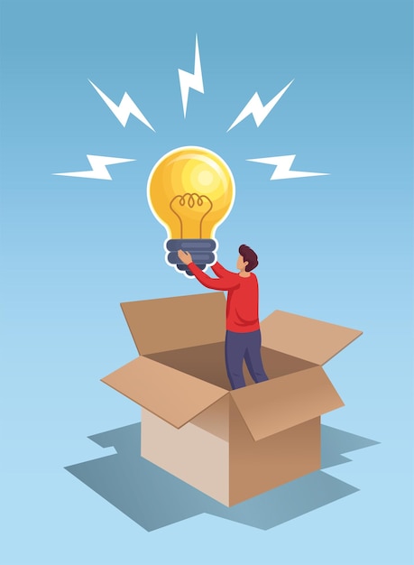 Young man holding big bulb lamp idea think out side the box vector illustration