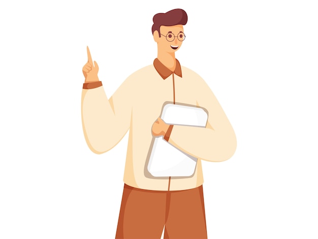 Vector young man holding book or file with index finger point in standing pose.